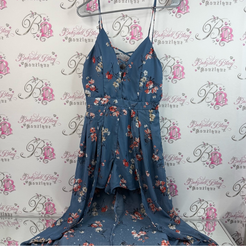 Crystal Doll romper high low draping fabric shorts floral flowers Blue Dress
